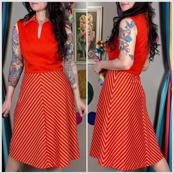 Vintage 1970s Red Striped Sleeveless A-Line Dress - Picture 4 of 8